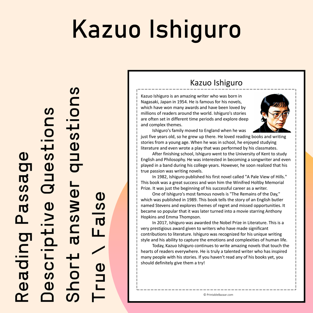 Kazuo Ishiguro | Reading Comprehension Passage Printable Activity