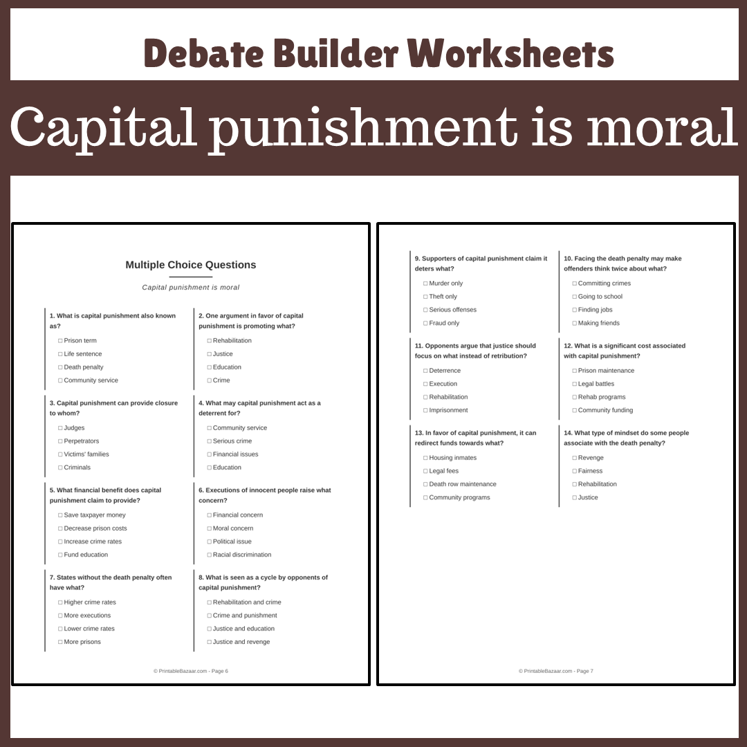 Capital punishment is moral | Favour and Against Worksheet Printable Activity