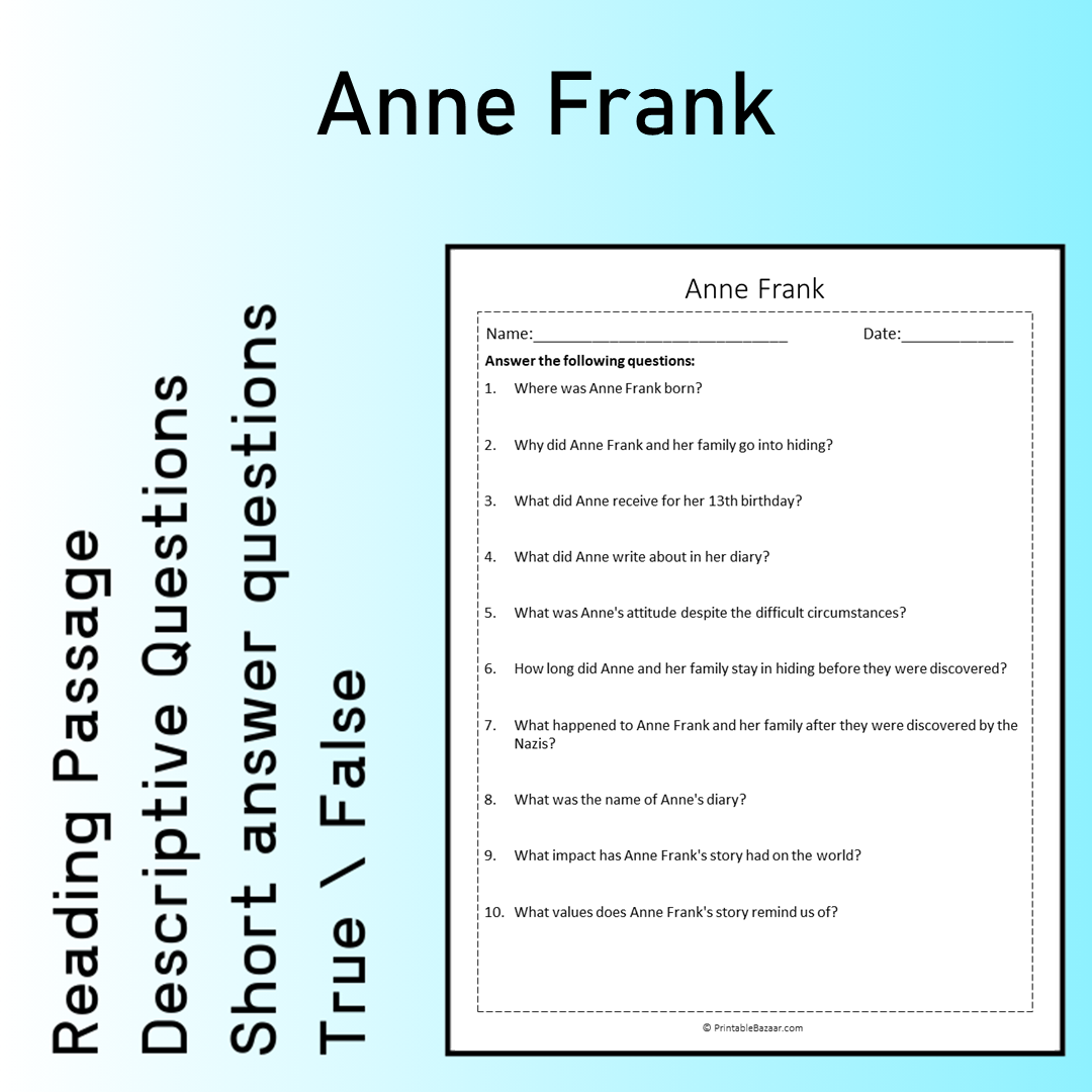 Anne Frank | Reading Comprehension Passage Printable Worksheet