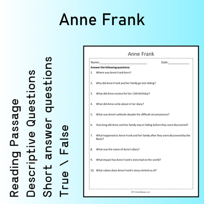 Anne Frank | Reading Comprehension Passage Printable Worksheet