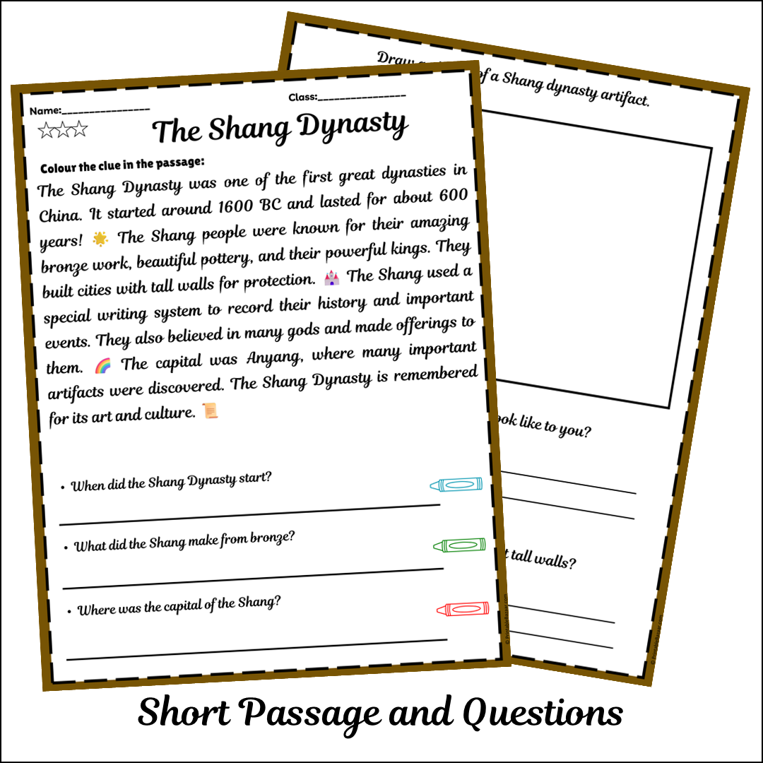 The Shang Dynasty | Short Reading Comprehension Creative Worksheet