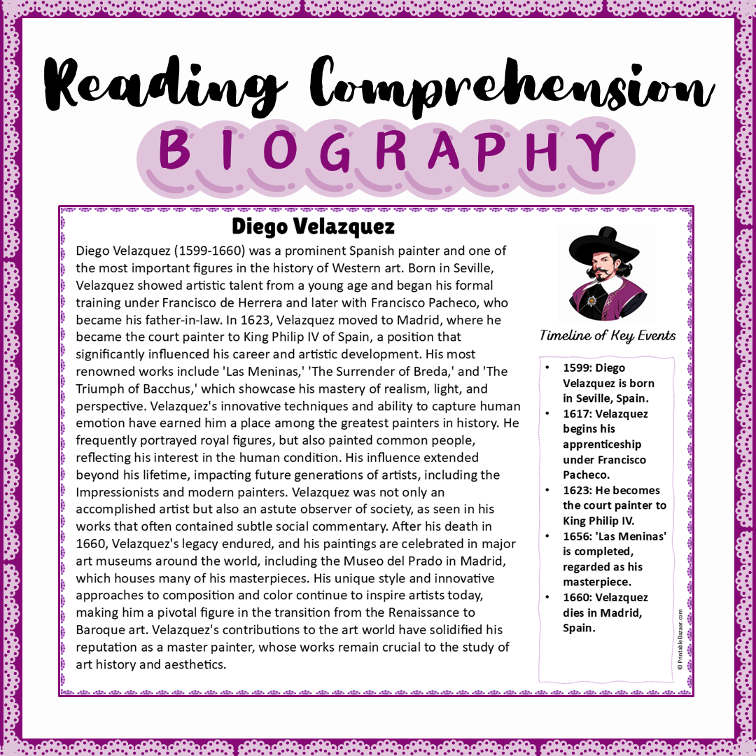 Diego Velazquez | Biography Reading Comprehension and Questions Worksheet