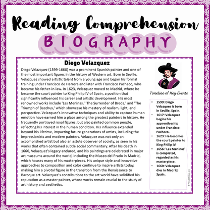 Diego Velazquez | Biography Reading Comprehension and Questions Worksheet