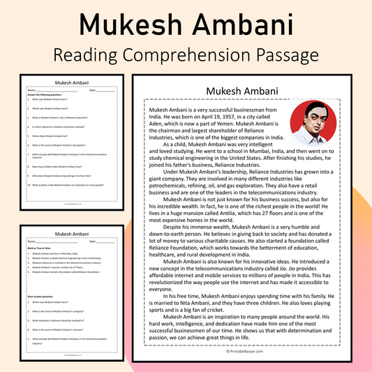 Mukesh Ambani | Reading Comprehension Passage Printable Activity
