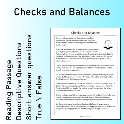 Checks and Balances | Reading Comprehension Passage Printable Worksheet