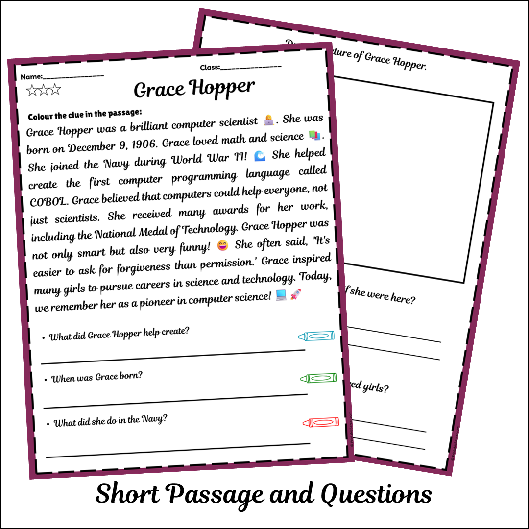 Grace Hopper | Short Reading Comprehension Creative Worksheet