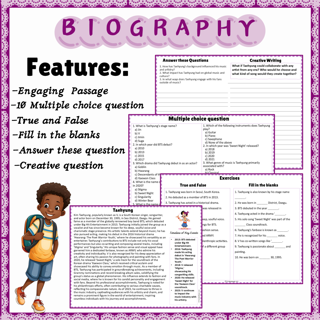 Taehyung | Biography Reading Comprehension and Questions Worksheet