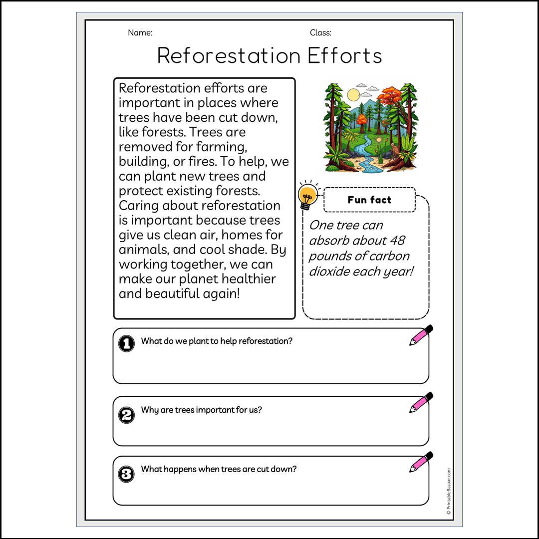 Reforestation Efforts | Reading Passage Comprehension Questions Writing Facts Worksheet