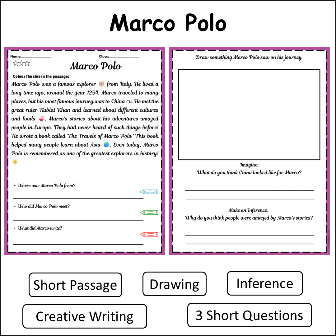 Marco Polo | Short Reading Comprehension Creative Worksheet