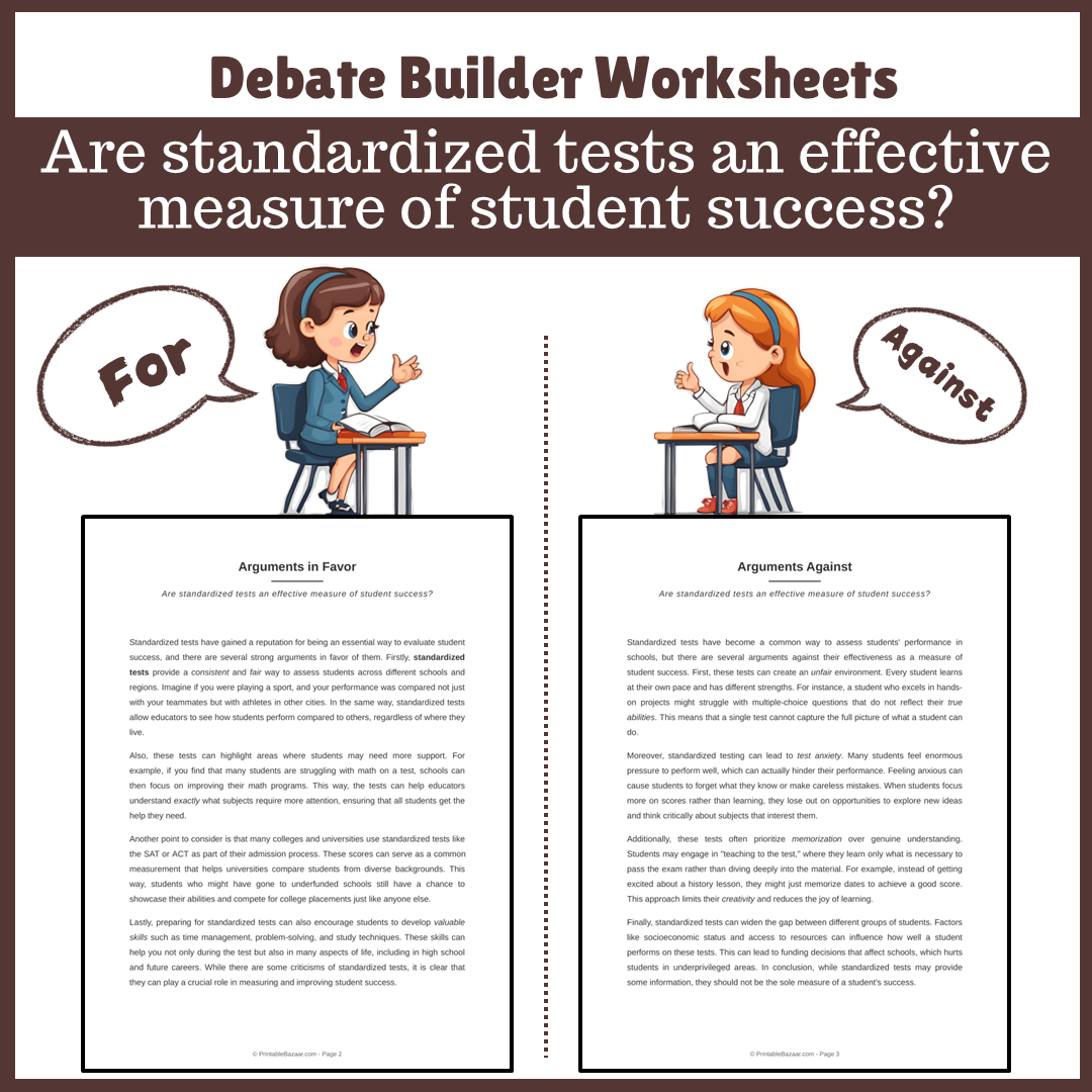 Are standardized tests an effective measure of student success? | Favour and Against Worksheet Printable Activity