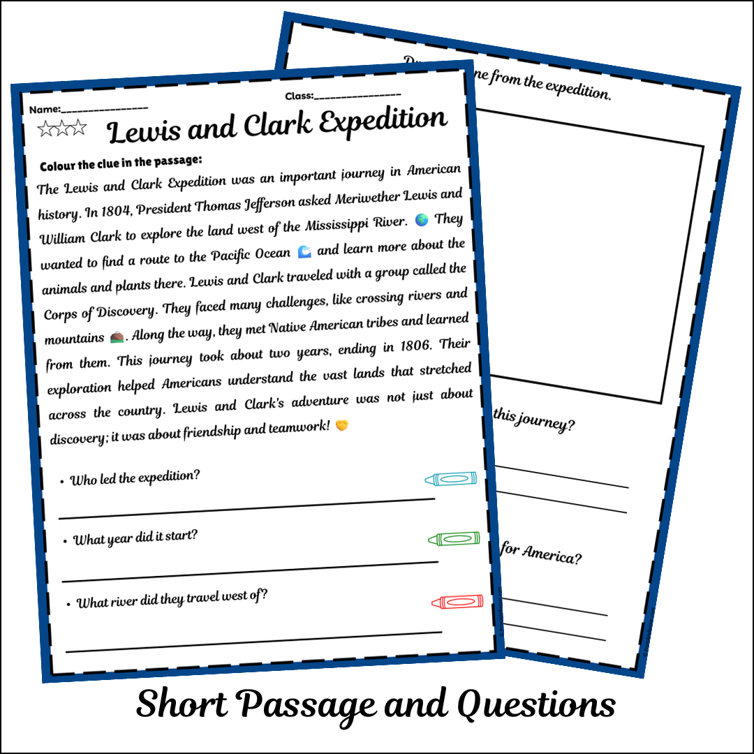 Lewis and Clark Expedition | Short Reading Comprehension Creative Worksheet