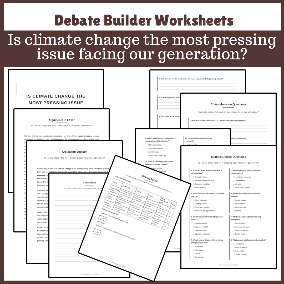 Is climate change the most pressing issue facing our generation? | Favour and Against Worksheet Printable Activity