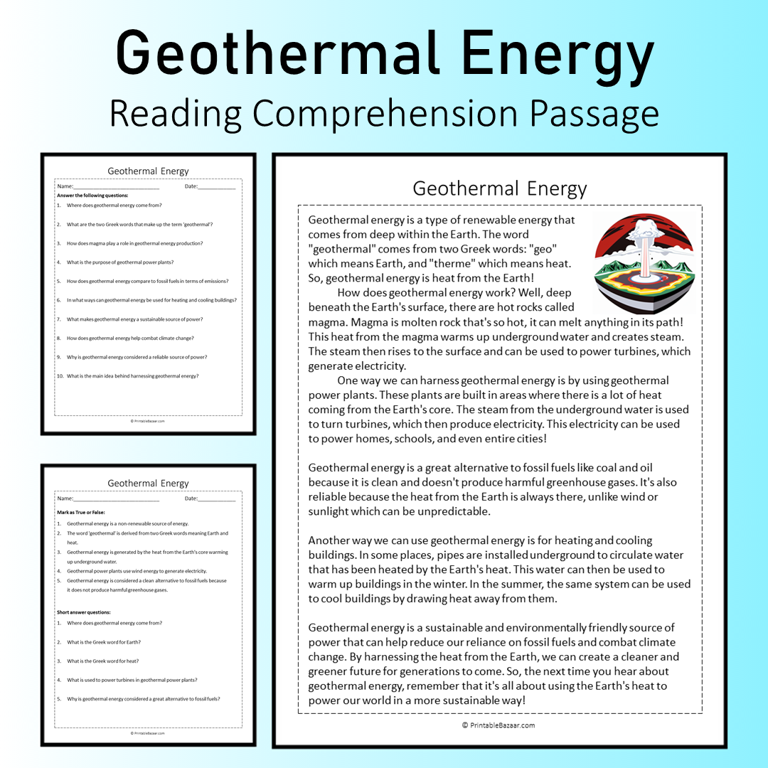 Geothermal Energy | Reading Comprehension Passage Printable Worksheet