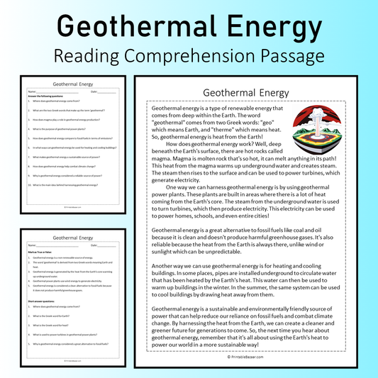 Geothermal Energy | Reading Comprehension Passage Printable Worksheet