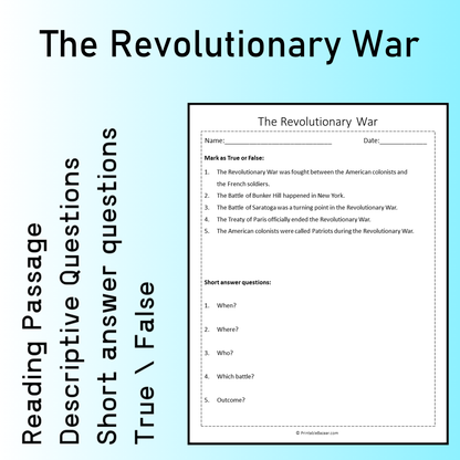 The Revolutionary War | Reading Comprehension Passage Printable Worksheet