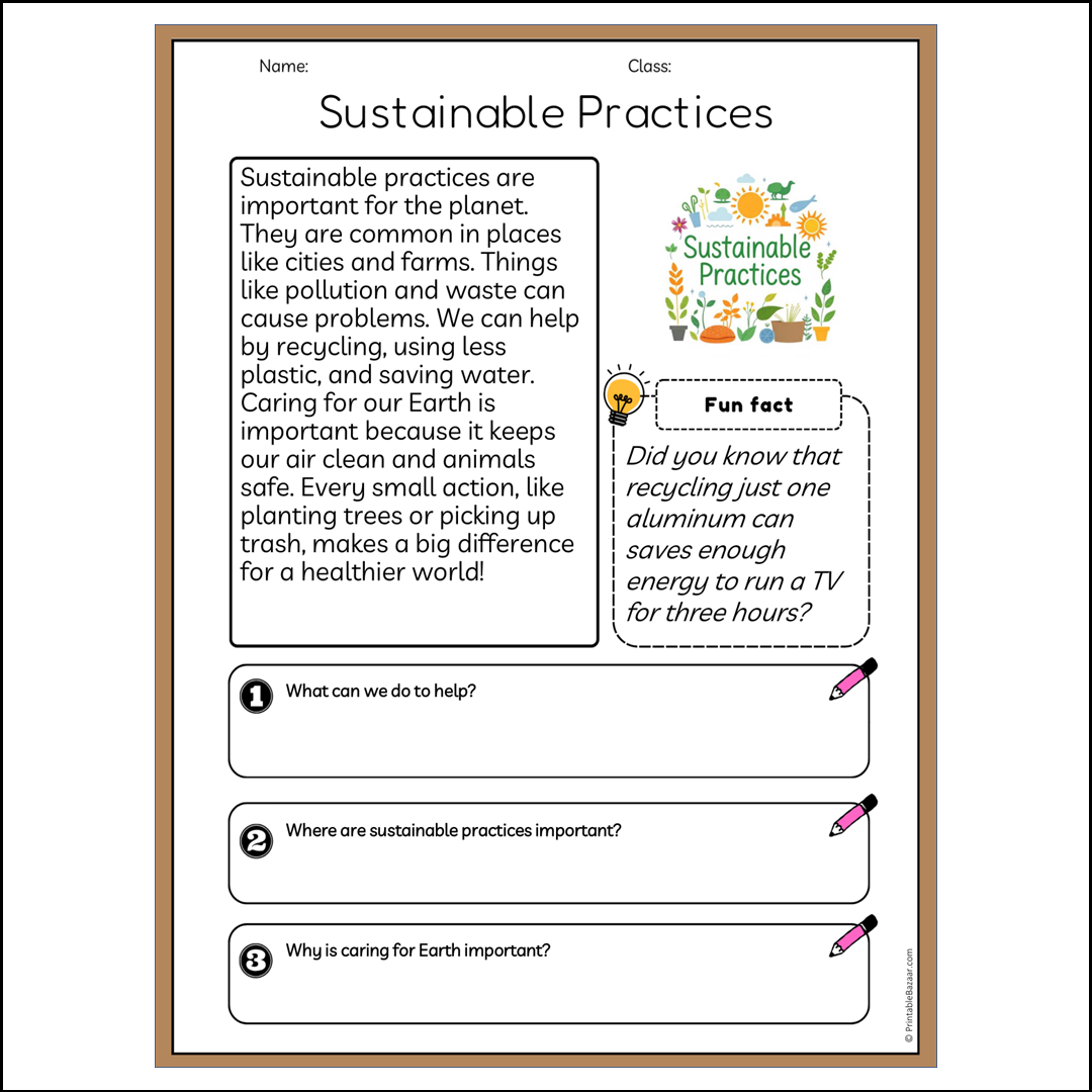 Sustainable Practices | Reading Passage Comprehension Questions Writing Facts Worksheet