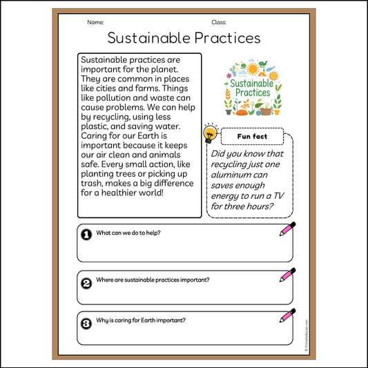 Sustainable Practices | Reading Passage Comprehension Questions Writing Facts Worksheet