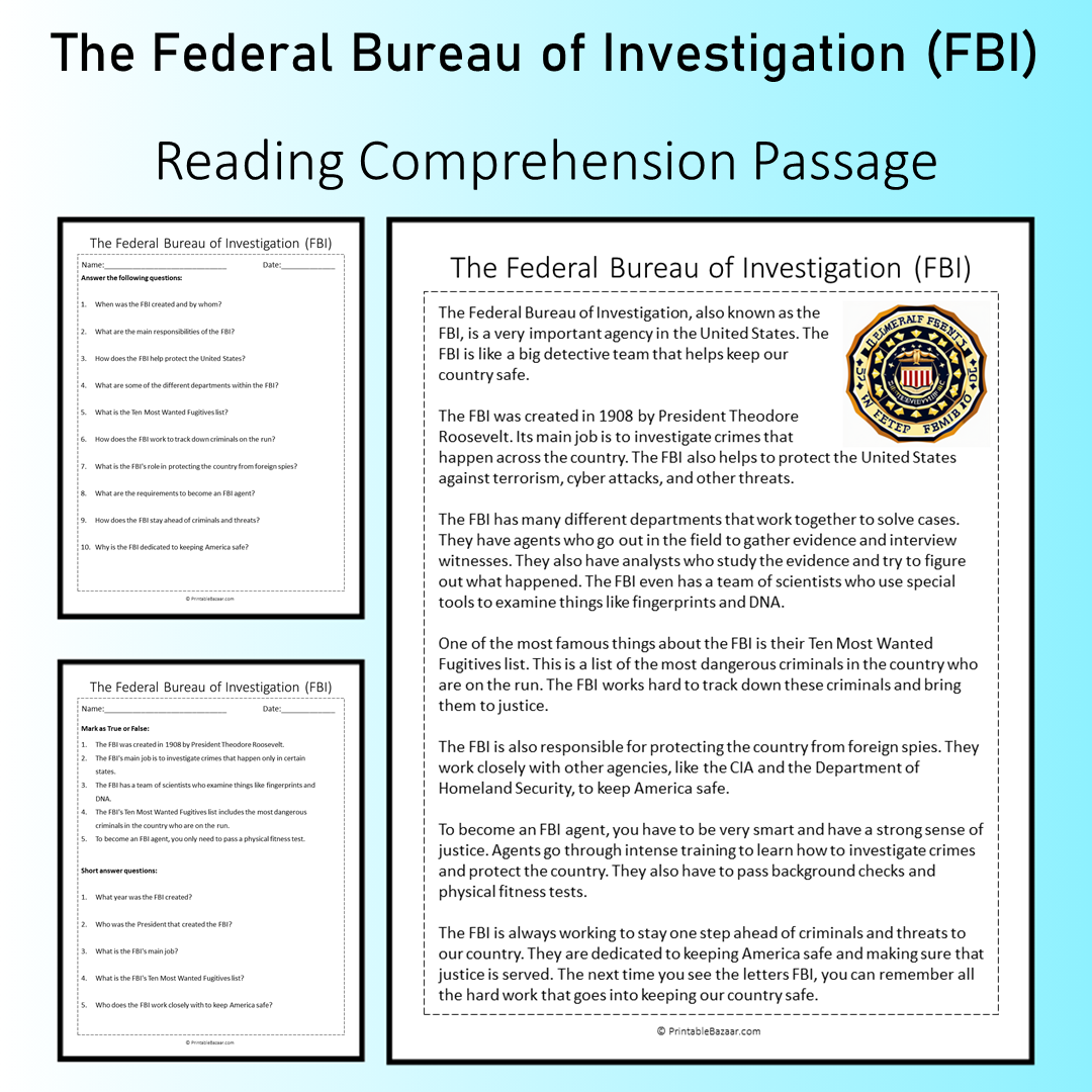 The Federal Bureau of Investigation (FBI) | Reading Comprehension Passage Printable Worksheet