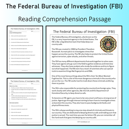 The Federal Bureau of Investigation (FBI) | Reading Comprehension Passage Printable Worksheet