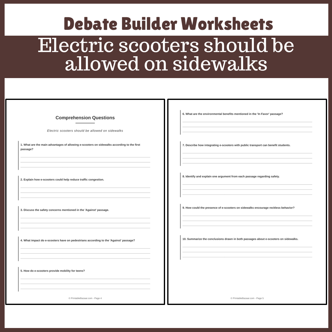 Electric scooters should be allowed on sidewalks | Favour and Against Worksheet Printable Activity