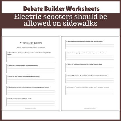 Electric scooters should be allowed on sidewalks | Favour and Against Worksheet Printable Activity