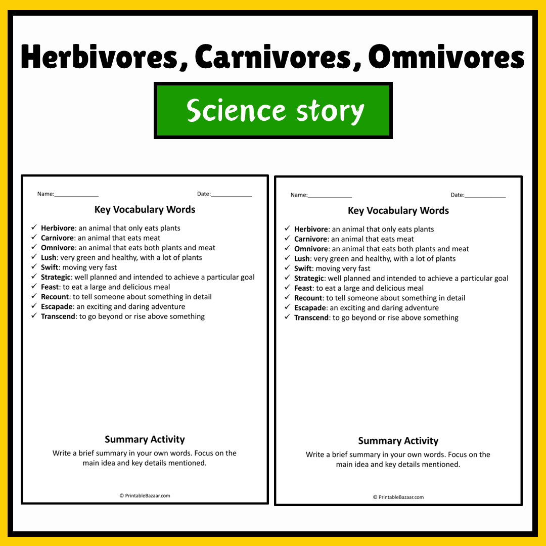 Herbivores, Carnivores, Omnivores | Science Story Reading Comprehension Activity