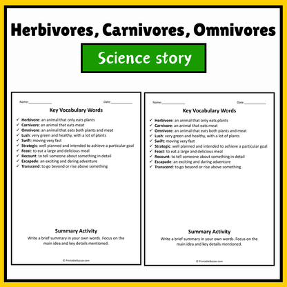 Herbivores, Carnivores, Omnivores | Science Story Reading Comprehension Activity