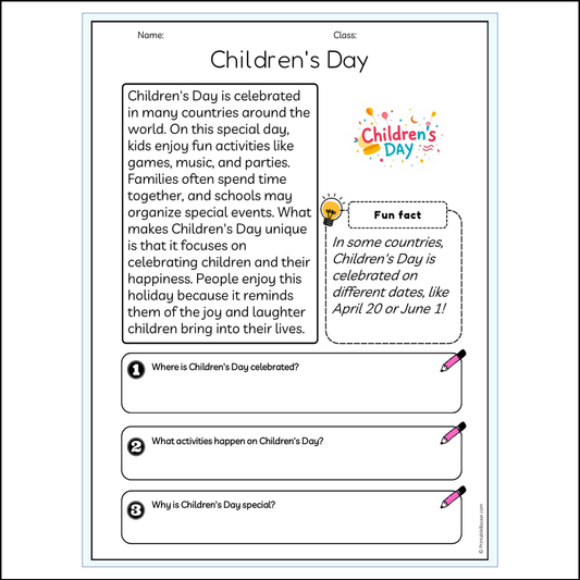 Children's Day | Reading Passage Comprehension Questions Writing Facts Worksheet