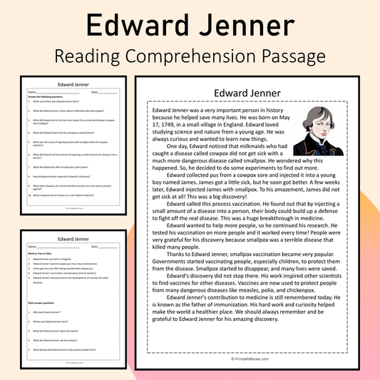 Edward Jenner | Reading Comprehension Passage Printable Activity