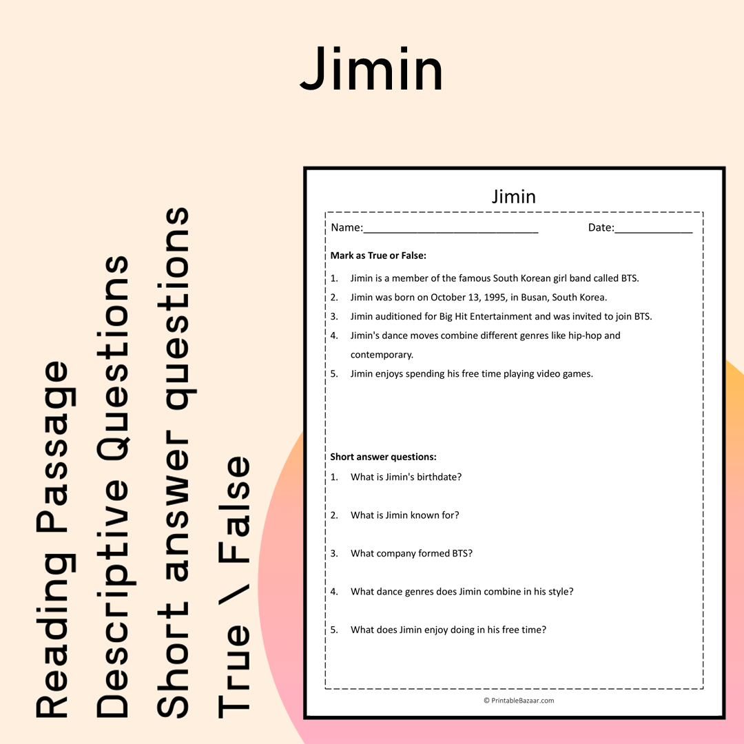 Jimin | Reading Comprehension Passage Printable Activity