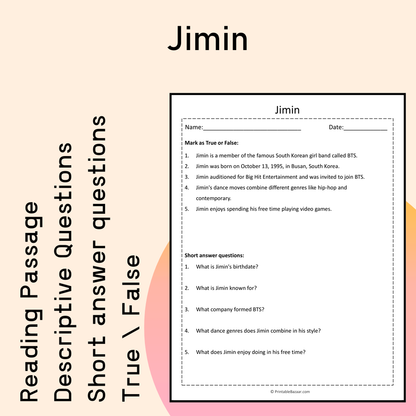 Jimin | Reading Comprehension Passage Printable Activity