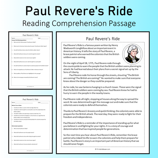 Paul Revere's Ride | Reading Comprehension Passage Printable Worksheet