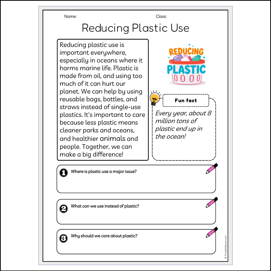 Reducing Plastic Use | Reading Passage Comprehension Questions Writing Facts Worksheet
