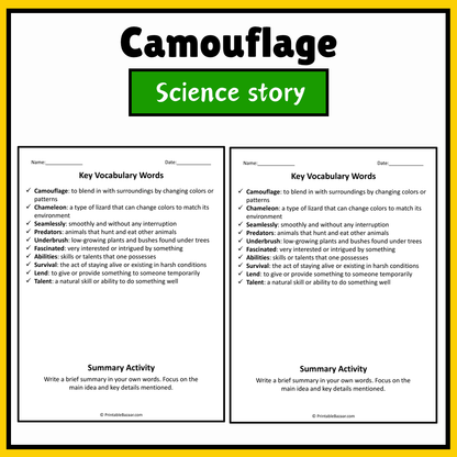 Camouflage | Science Story Reading Comprehension Activity