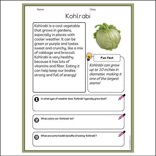 Kohlrabi | Reading Passage Comprehension Questions Writing Facts Worksheet