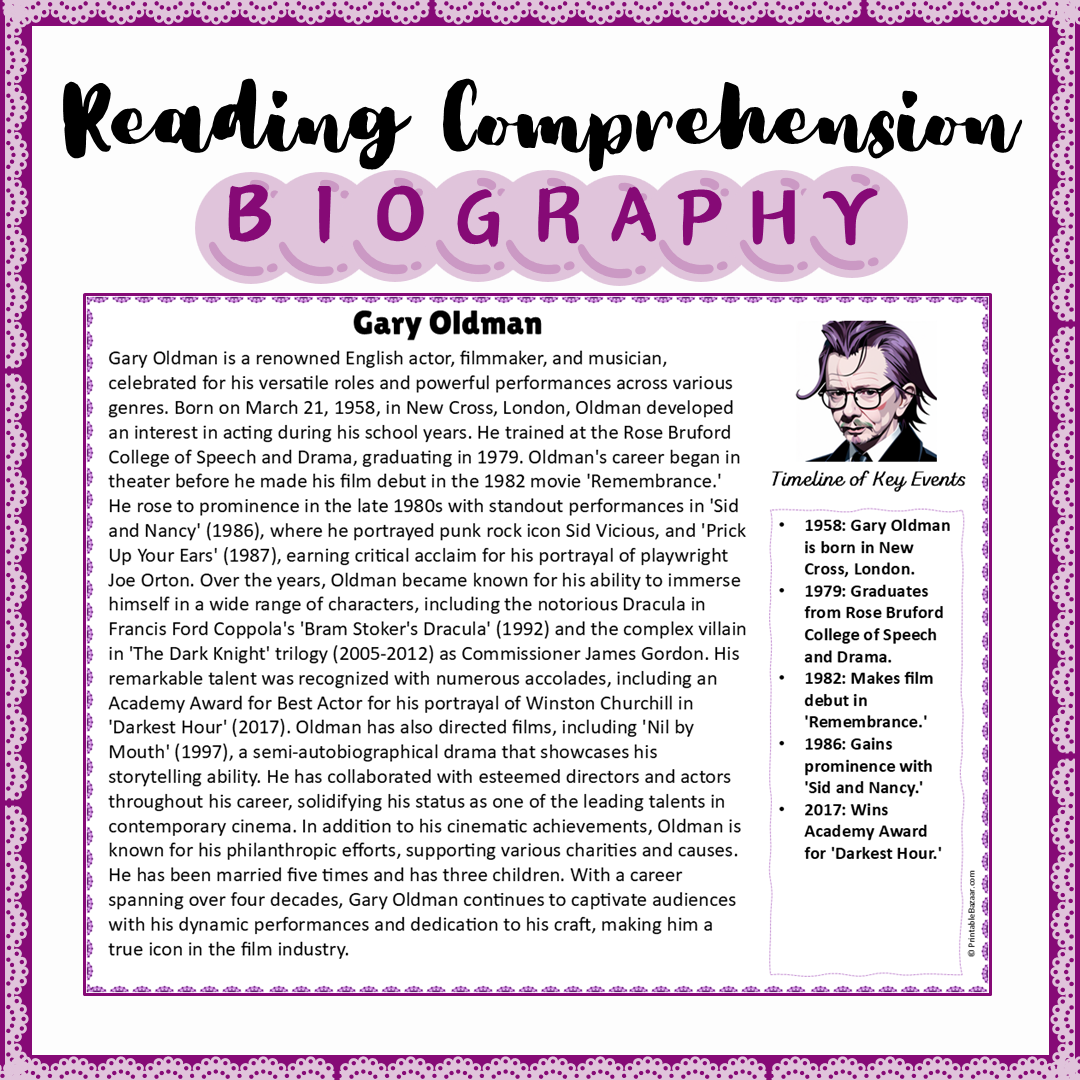 Gary Oldman | Biography Reading Comprehension and Questions Worksheet