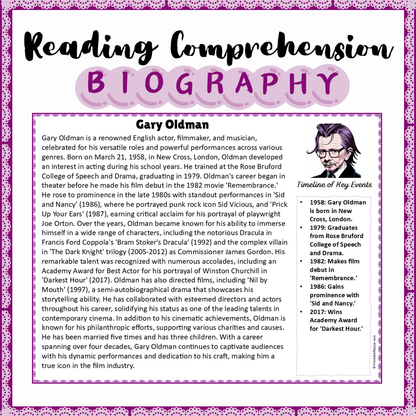 Gary Oldman | Biography Reading Comprehension and Questions Worksheet