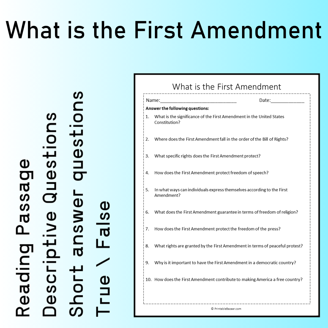 What is the First Amendment | Reading Comprehension Passage Printable Worksheet