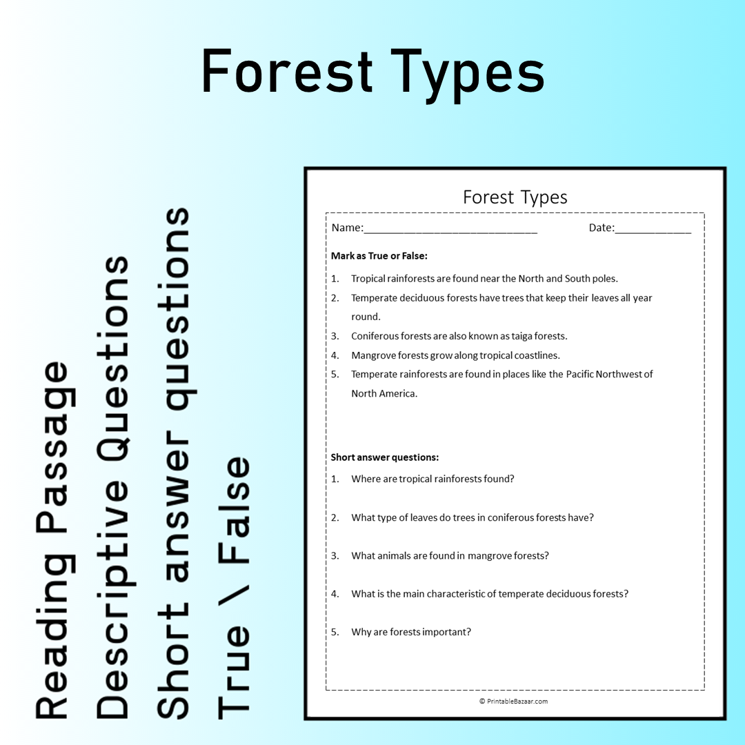 Forest Types | Reading Comprehension Passage Printable Worksheet