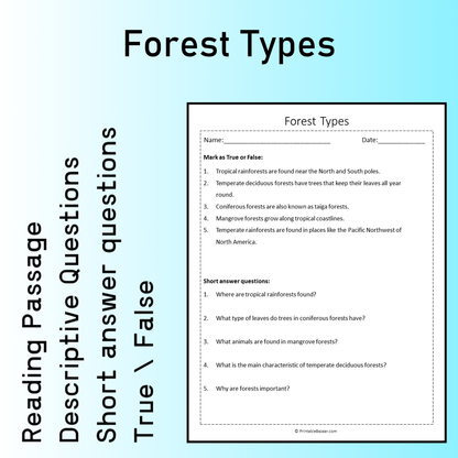 Forest Types | Reading Comprehension Passage Printable Worksheet