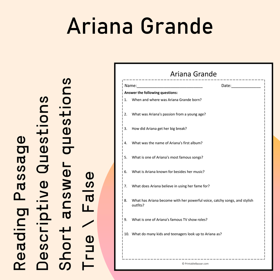 Ariana Grande | Reading Comprehension Passage Printable Activity