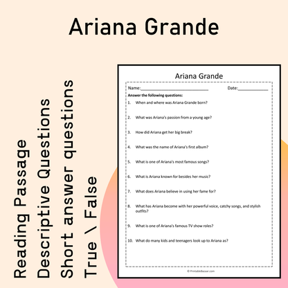 Ariana Grande | Reading Comprehension Passage Printable Activity