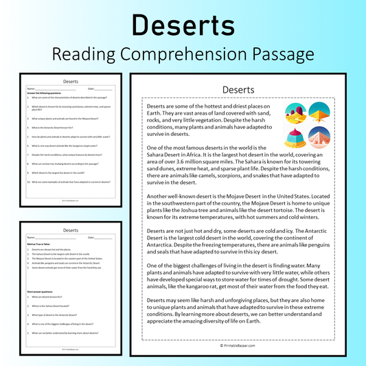 Deserts | Reading Comprehension Passage Printable Worksheet