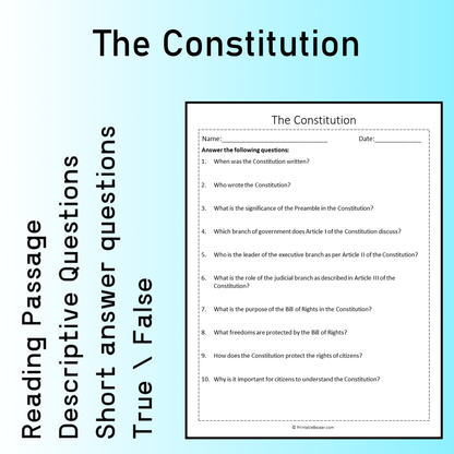 The Constitution | Reading Comprehension Passage Printable Worksheet