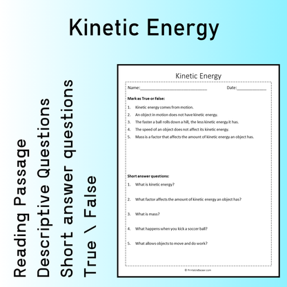 Kinetic Energy | Reading Comprehension Passage Printable Worksheet