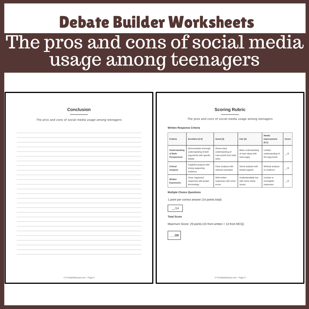 The pros and cons of social media usage among teenagers | Favour and Against Worksheet Printable Activity