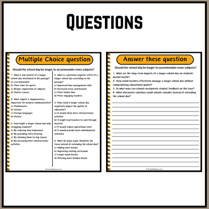 Should the school day be longer to accommodate more subjects? | Debate Case Study Worksheet
