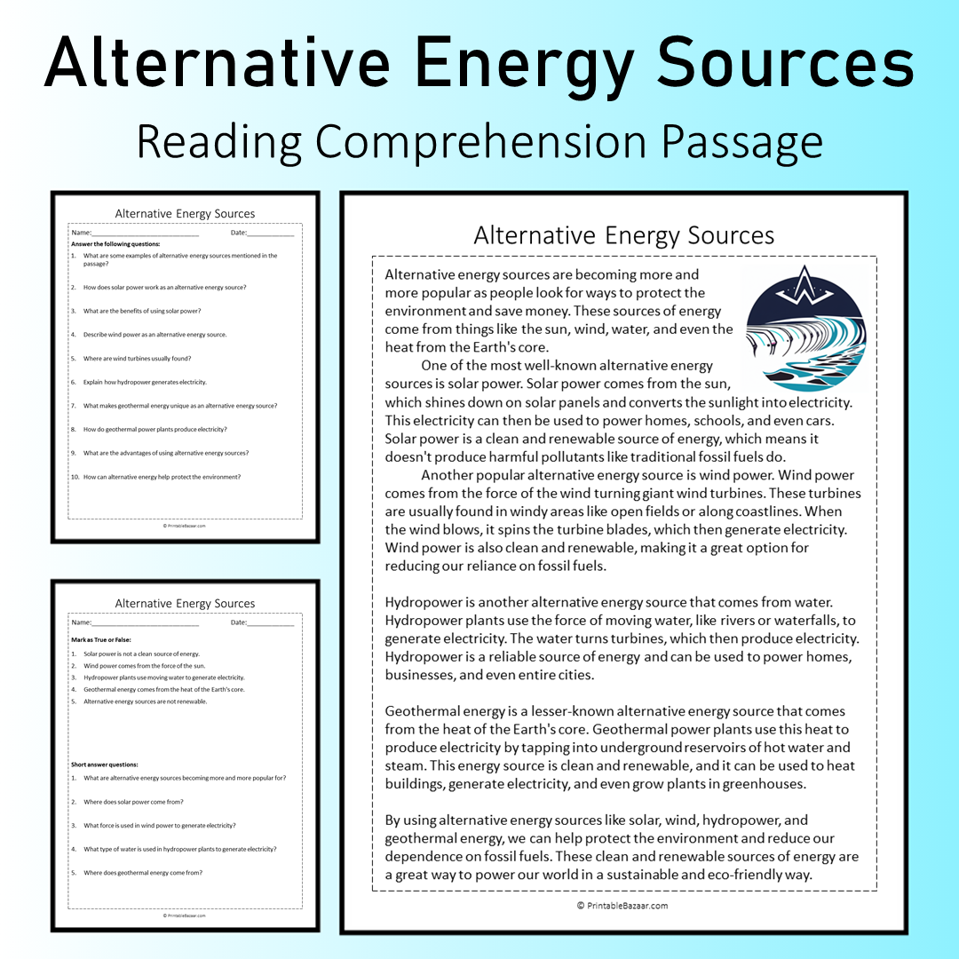 Alternative Energy Sources | Reading Comprehension Passage Printable Worksheet