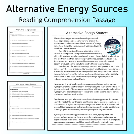 Alternative Energy Sources | Reading Comprehension Passage Printable Worksheet
