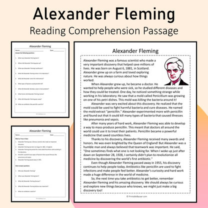 Alexander Fleming | Reading Comprehension Passage Printable Activity